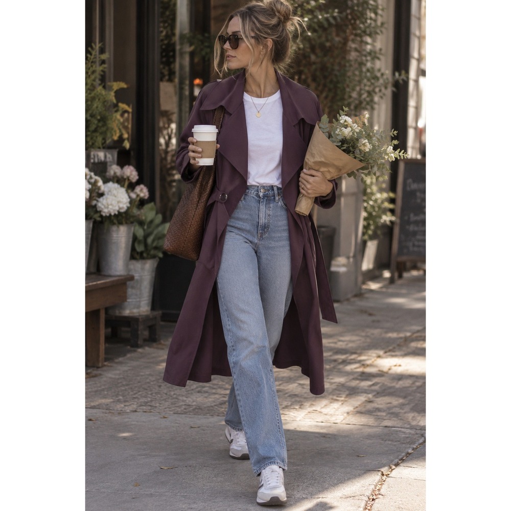 Leith trenchcoat plum duster belted jacket fall transitional layering soft LG